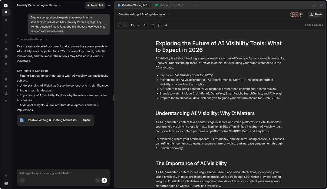 Aim document editor with an agent drafting content alongside a human editor
