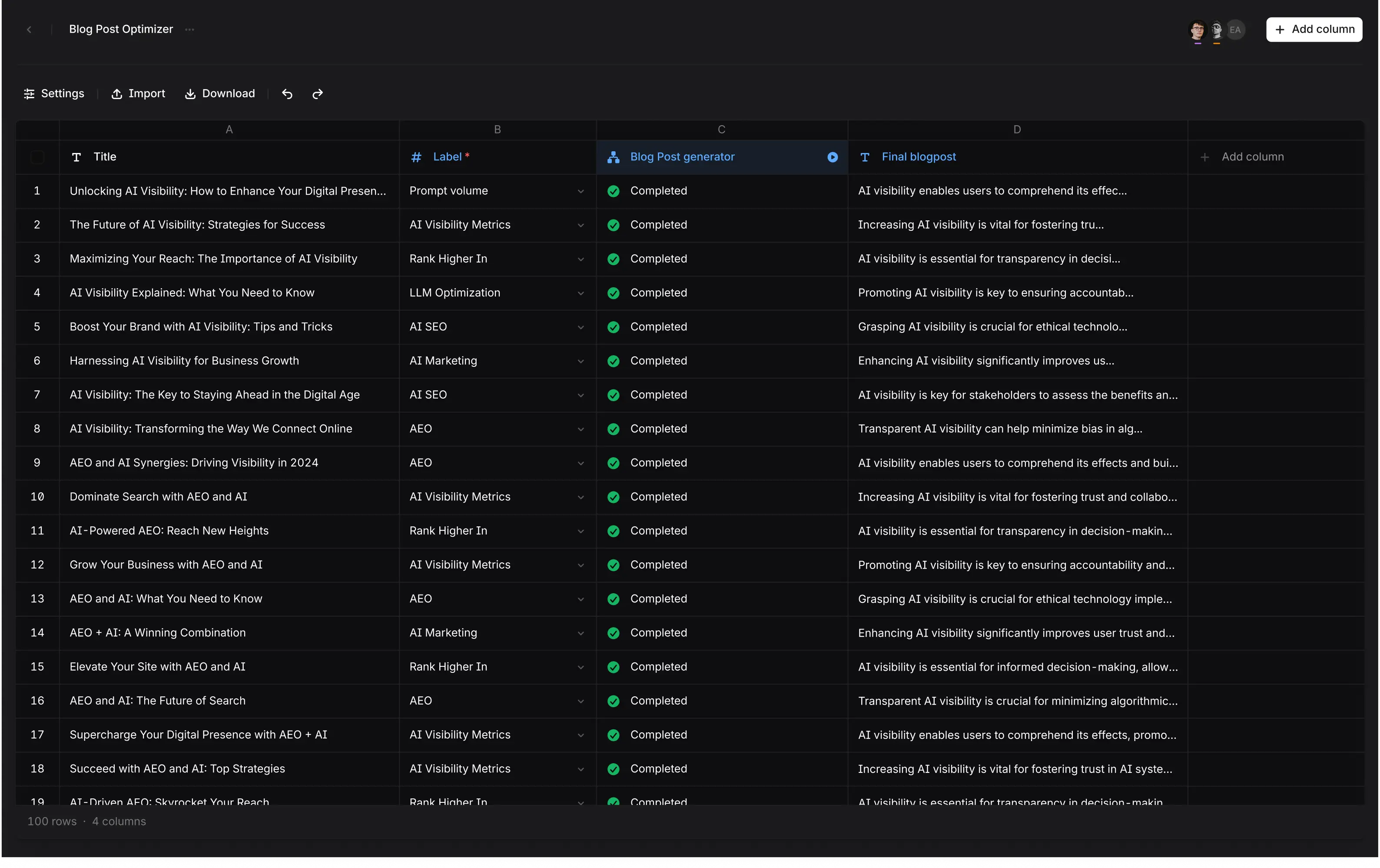 Agents Sheets interface showing a Blog Post Optimizer workflow