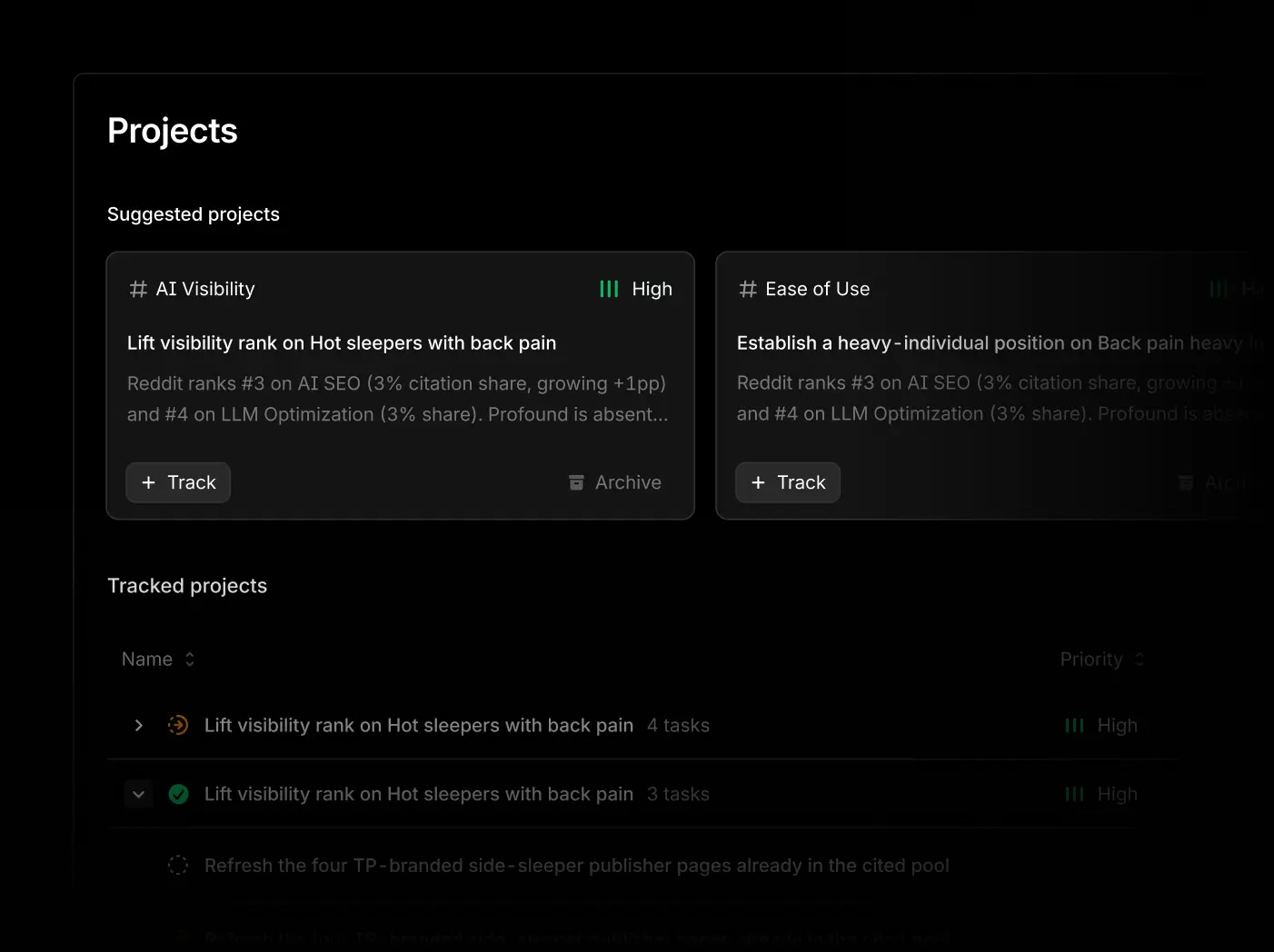 Aim surfaces suggested projects and tracked projects with prioritized tasks for your brand